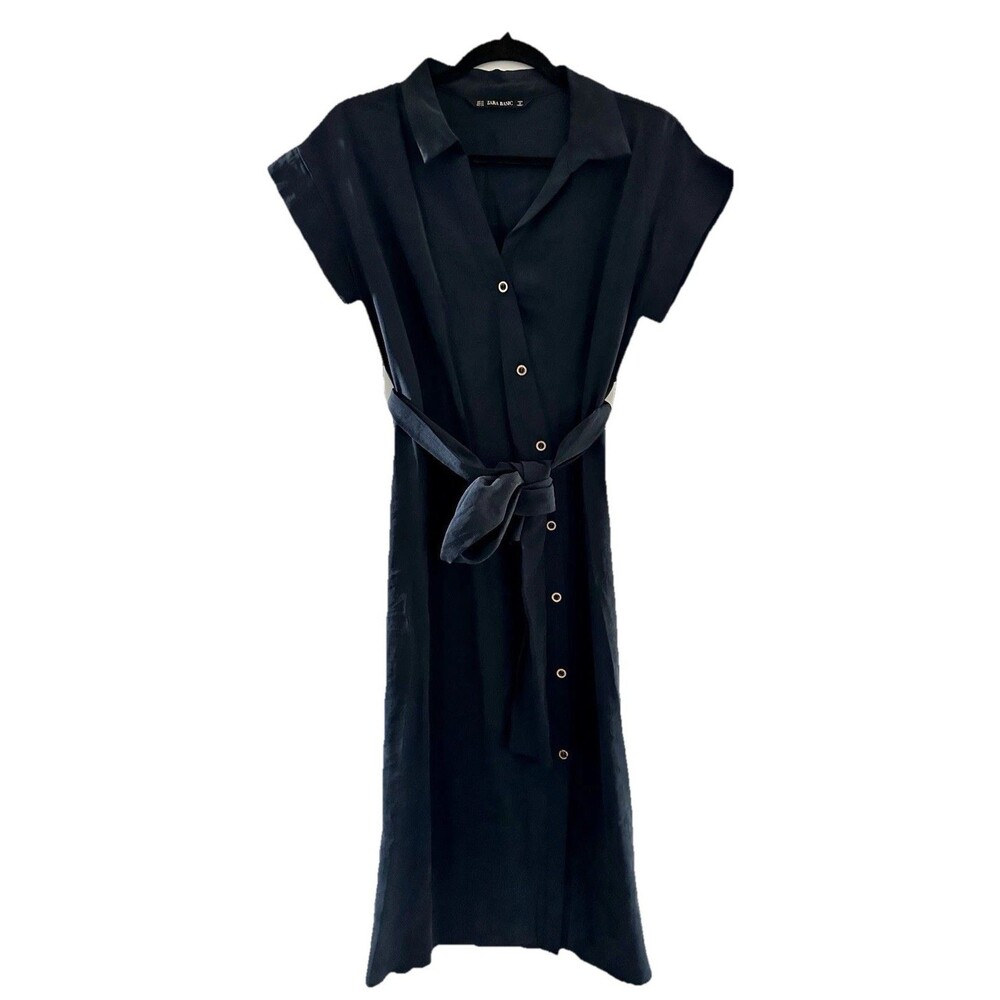 ZARA Basic Navy Blue Shirt Dress Midi Button Front Belted Womens XS